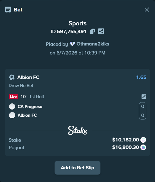 Bet slip: CA Progreso - Albion FC, $11,637.96 stake at 1.65 odds, placed by Othmane2kiks