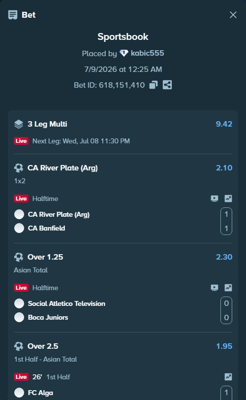 Bet slip: CA River Plate (ARG) - CA Banfield, $14,545.58 stake at 2.10 odds, placed by kabic555