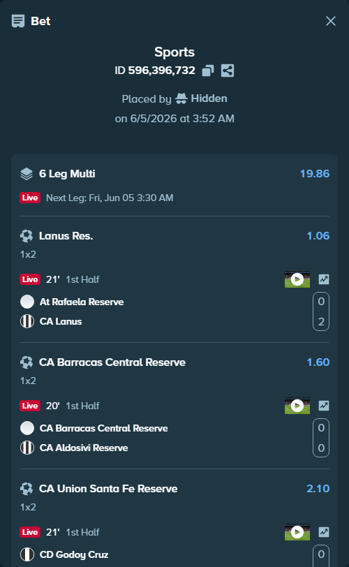 Bet slip: CA Talleres de Cordoba Reserve - Argentinos Juniors Reserve, $12,952.83 stake at 2.00 odds, placed by Hidden