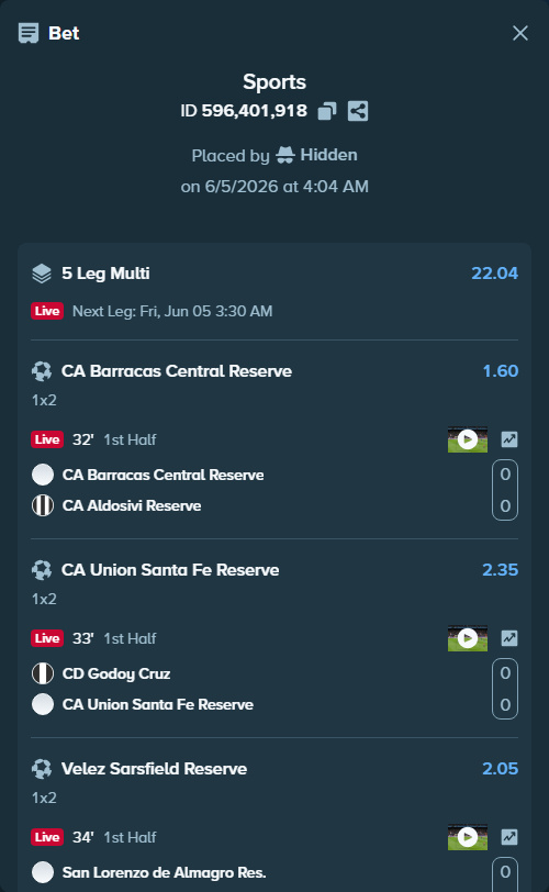 Bet slip: CA Talleres de Cordoba Reserve - Argentinos Juniors Reserve, $13,920.96 stake at 2.00 odds, placed by Hidden