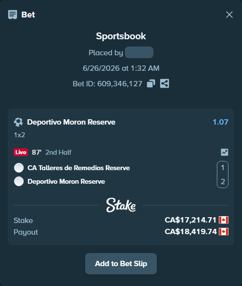 Bet slip: CA Talleres de Remedios Reserve - Deportivo Moron Reserve, $12,738.89 stake at 1.07 odds, placed by DZertwarrior18