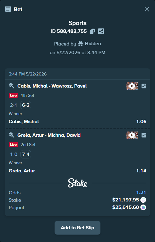Bet slip: Cabis, Michal - Wawrosz, Pavel, $17,942.31 stake at 1.06 odds, placed by Hidden