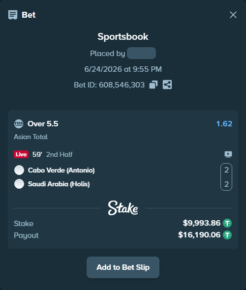 Bet slip: Cabo Verde (Antonio) - Saudi Arabia (Holis), $10,003.86 stake at 1.62 odds, placed by wswrj2008