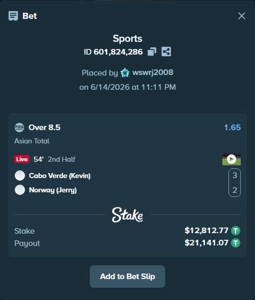Bet slip: Cabo Verde (Kevin) - Norway (Jerry), $12,825.58 stake at 1.65 odds, placed by wswrj2008