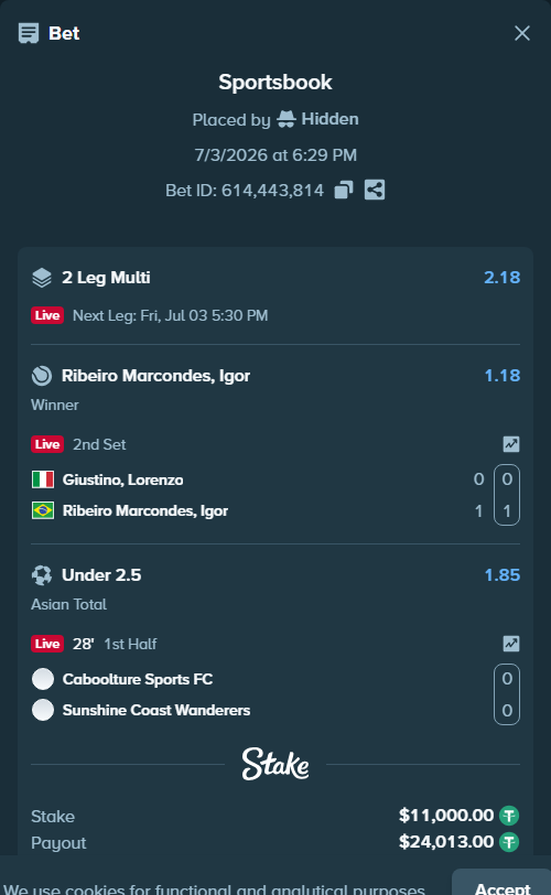 Bet slip: Caboolture Sports FC - Sunshine Coast Wanderers, $11,011.00 stake at 1.85 odds, placed by AsTraL11
