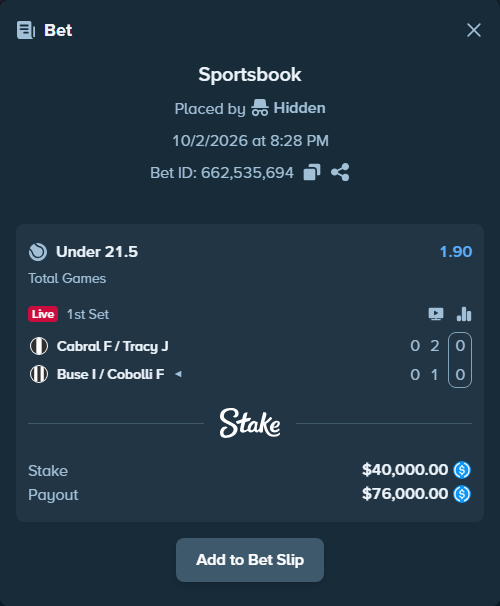 Bet slip: Cabral F / Tracy J - Buse I / Cobolli F, $40,000.00 stake at 1.90 odds, placed by Hidden