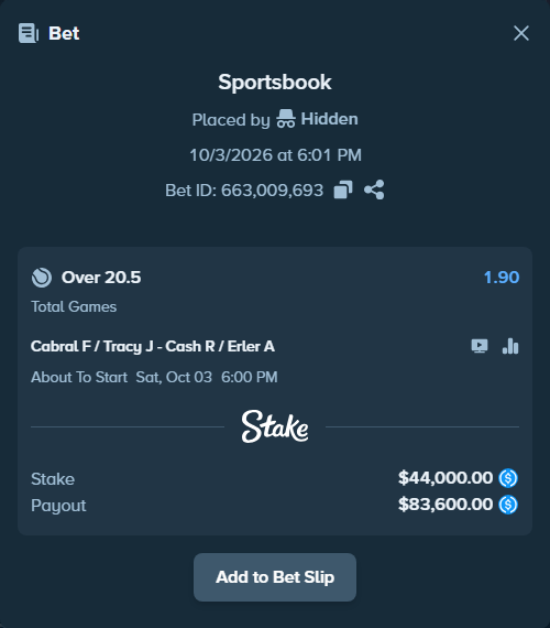 Bet slip: Cabral F / Tracy J - Cash R / Erler A, $44,000.00 stake at 1.90 odds, placed by Hidden
