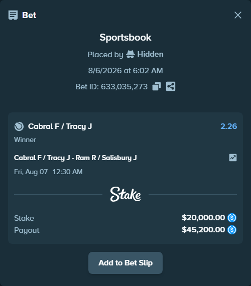 Bet slip: Cabral F / Tracy J - Ram R / Salisbury J, $20,000.00 stake at 2.26 odds, placed by Hidden