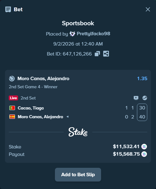 Bet slip: Cacao, Tiago - Moro Canas, Alejandro, $11,436.17 stake at 1.35 odds, placed by Prettylfacko98