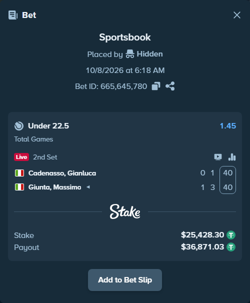 Bet slip: Cadenasso, Gianluca - Giunta, Massimo, $25,425.76 stake at 1.45 odds, placed by itsreezyy