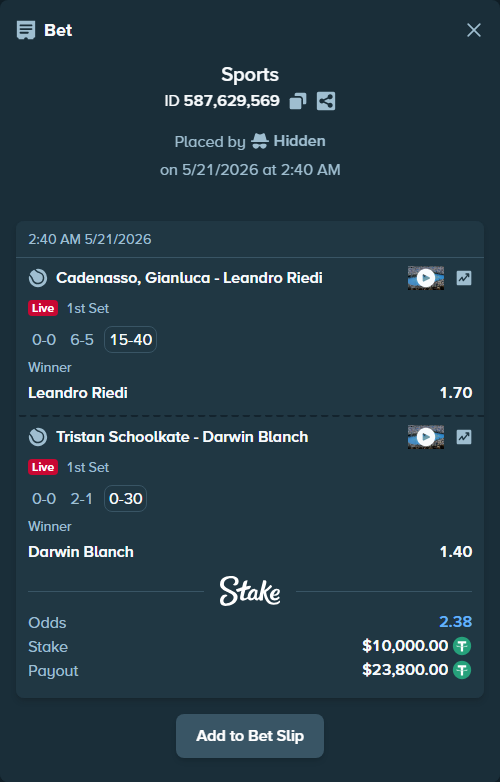 Bet slip: Cadenasso, Gianluca - Leandro Riedi, $10,010.00 stake at 1.70 odds, placed by Hidden
