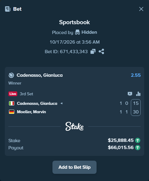 Bet slip: Cadenasso, Gianluca - Moeller, Marvin, $25,914.34 stake at 2.55 odds, placed by Hidden