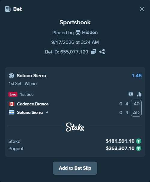 Bet slip: Cadence Brance - Solana Sierra, $181,591.10 stake at 1.45 odds, placed by Hidden