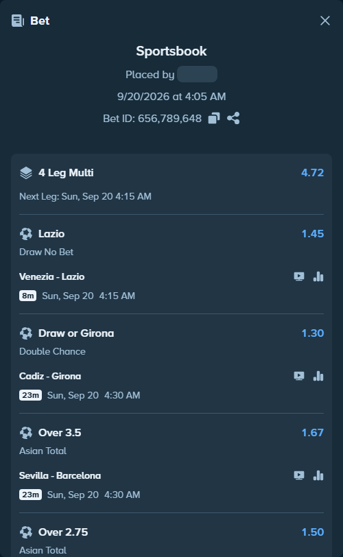 Bet slip: Cadiz - Girona, $30,000.00 stake at 1.30 odds, placed by Fifka777