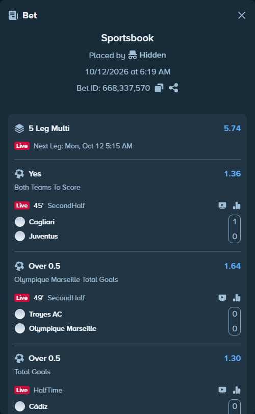 Bet slip: Cadiz - Sporting Gijon, $84,916.83 stake at 1.30 odds, placed by Hidden