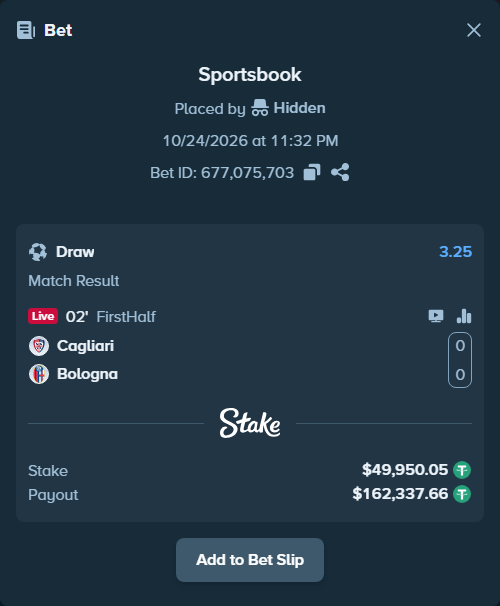 Bet slip: Cagliari - Bologna, $50,000.00 stake at 3.25 odds, placed by TheEarlinGrey