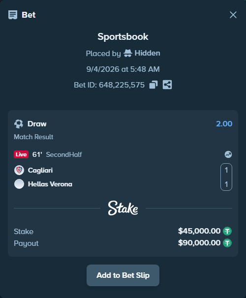 Bet slip: Cagliari - Hellas Verona, $45,000.00 stake at 2.00 odds, placed by Hidden