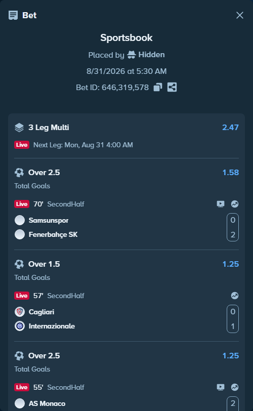 Bet slip: Cagliari - Inter, $10,000.00 stake at 1.25 odds, placed by Hidden