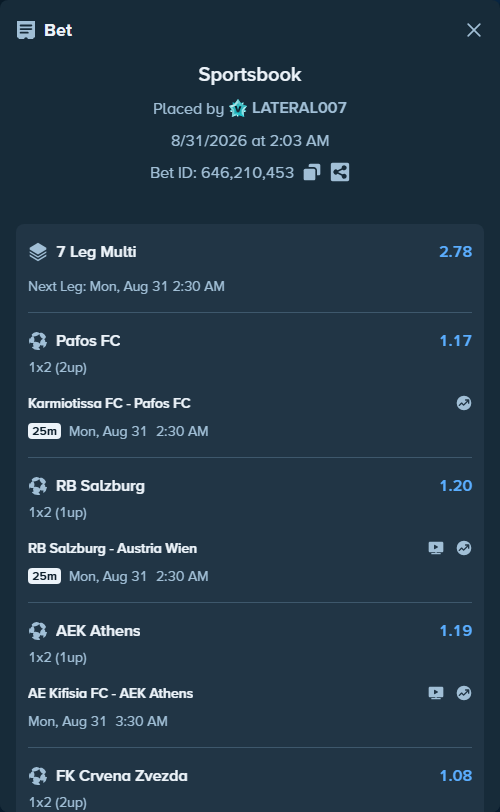 Bet slip: Cagliari - Inter, $10,001.00 stake at 1.24 odds, placed by LATERAL007