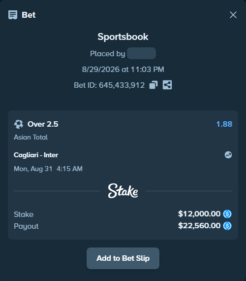 Bet slip: Cagliari - Inter, $12,000.00 stake at 1.88 odds, placed by heima01