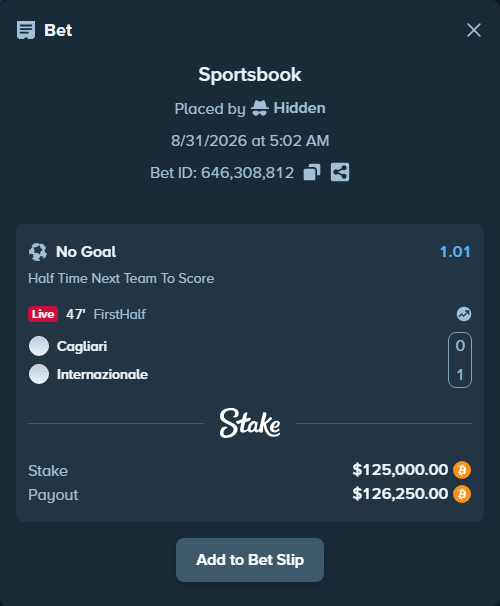Bet slip: Cagliari - Inter, $124,539.58 stake at 1.01 odds, placed by Hidden