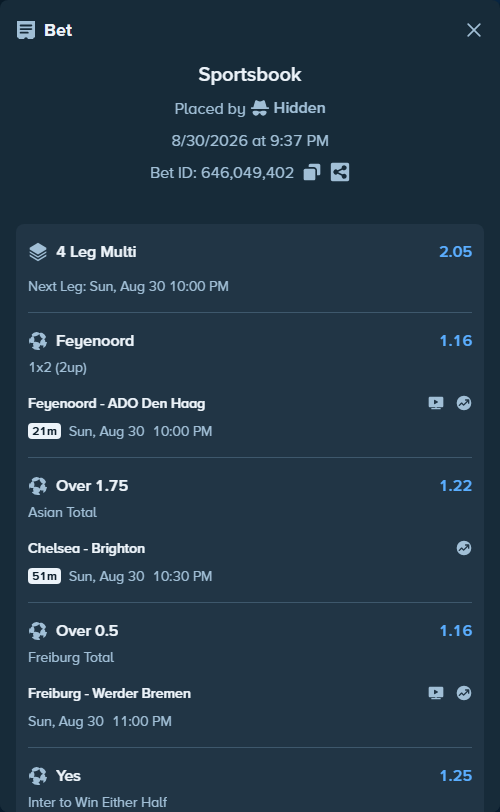 Bet slip: Cagliari - Inter, $13,459.34 stake at 1.25 odds, placed by Hidden