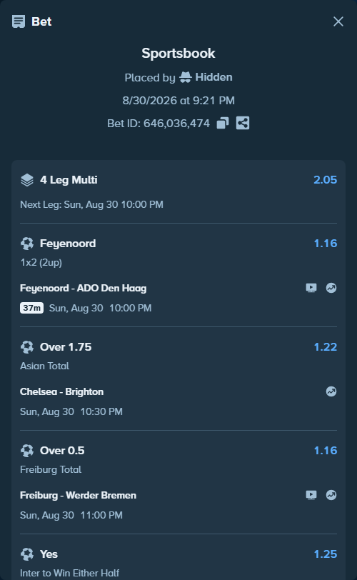 Bet slip: Cagliari - Inter, $15,000.00 stake at 1.25 odds, placed by Hidden