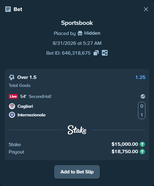 Bet slip: Cagliari - Inter, $15,000.00 stake at 1.25 odds, placed by Hidden