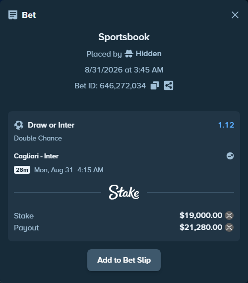 Bet slip: Cagliari - Inter, $18,101.21 stake at 1.12 odds, placed by Hidden