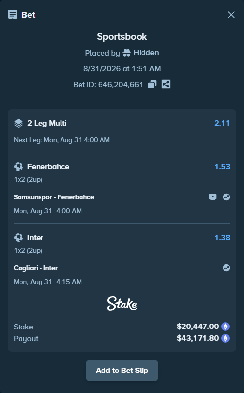 Bet slip: Cagliari - Inter, $20,579.48 stake at 1.38 odds, placed by Hidden