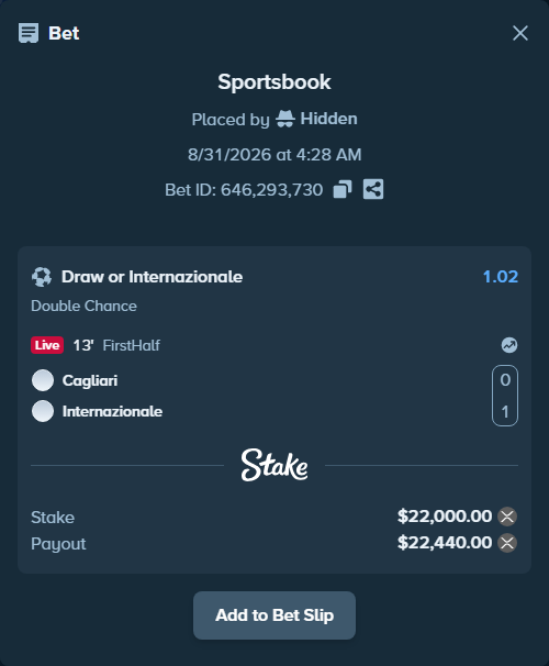 Bet slip: Cagliari - Inter, $21,006.83 stake at 1.02 odds, placed by Hidden
