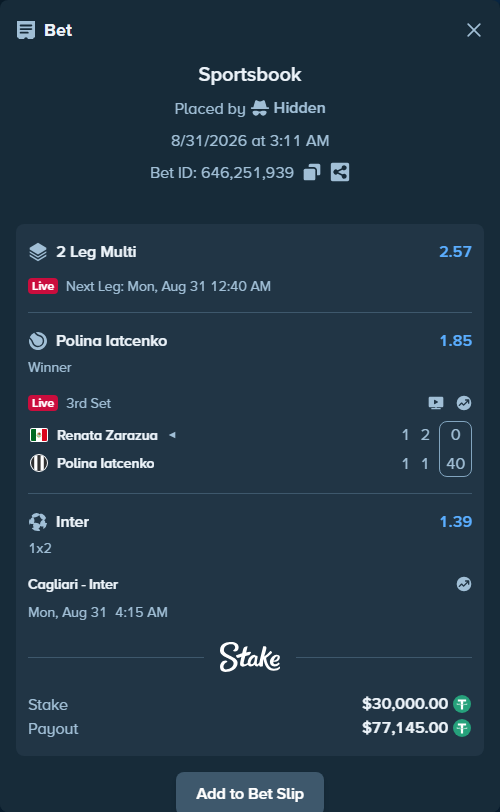Bet slip: Cagliari - Inter, $30,000.00 stake at 1.39 odds, placed by Hidden