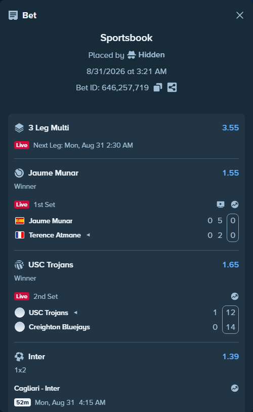 Bet slip: Cagliari - Inter, $31,000.00 stake at 1.39 odds, placed by Hidden