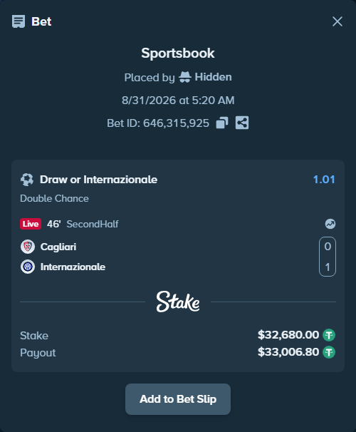 Bet slip: Cagliari - Inter, $32,680.00 stake at 1.01 odds, placed by Hidden