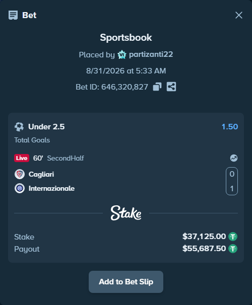 Bet slip: Cagliari - Inter, $37,125.00 stake at 1.50 odds, placed by partizanti22