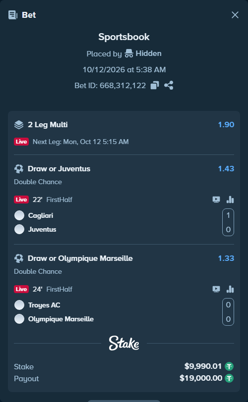 Bet slip: Cagliari - Juventus, $10,000.00 stake at 1.43 odds, placed by Haliasovskyi