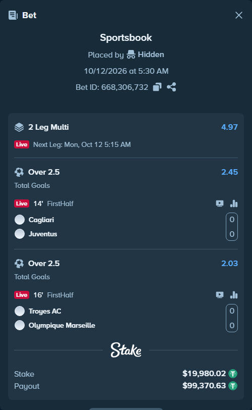 Bet slip: Cagliari - Juventus, $20,000.00 stake at 2.45 odds, placed by tlwns4736