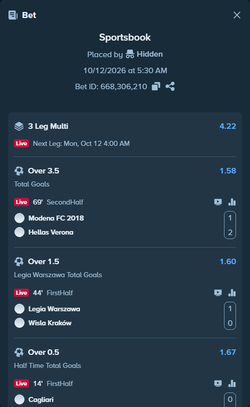 Bet slip: Cagliari - Juventus, $20,114.09 stake at 1.67 odds, placed by Hidden