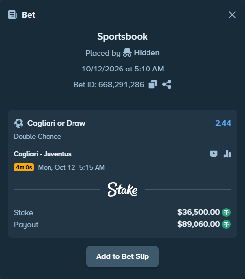 Bet slip: Cagliari - Juventus, $36,536.50 stake at 2.44 odds, placed by Seedorf4321