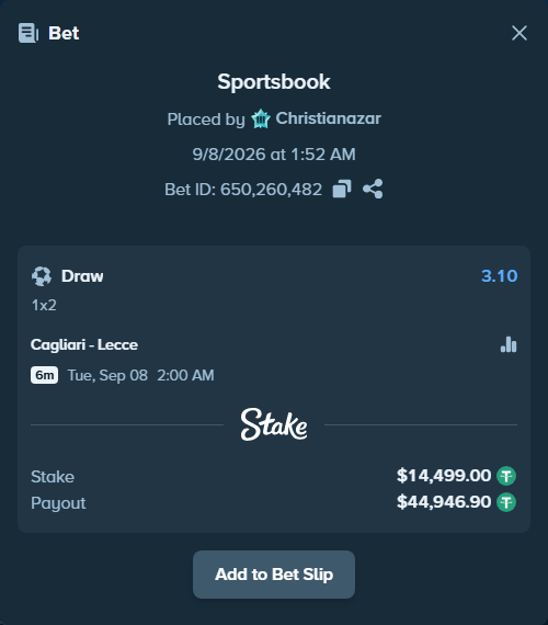 Bet slip: Cagliari - Lecce, $14,499.00 stake at 3.10 odds, placed by Christianazar