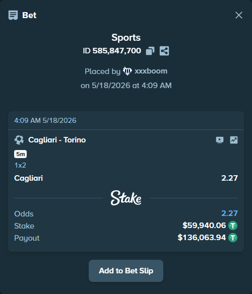 Bet slip: Cagliari - Torino, $60,000.00 stake at 2.27 odds, placed by xxxboom
