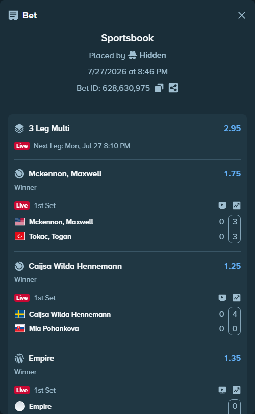 Bet slip: Caijsa Wilda Hennemann - Mia Pohankova, $10,000.00 stake at 1.25 odds, placed by Hidden