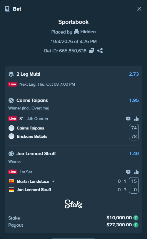 Bet slip: Cairns Taipans - Brisbane Bullets, $10,000.00 stake at 1.95 odds, placed by Hidden