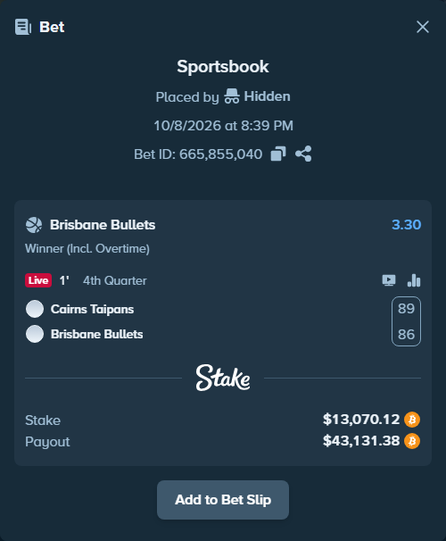 Bet slip: Cairns Taipans - Brisbane Bullets, $12,966.65 stake at 3.30 odds, placed by hungrybox