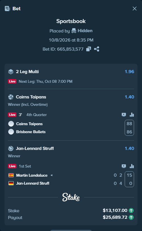 Bet slip: Cairns Taipans - Brisbane Bullets, $13,107.00 stake at 1.40 odds, placed by Hidden