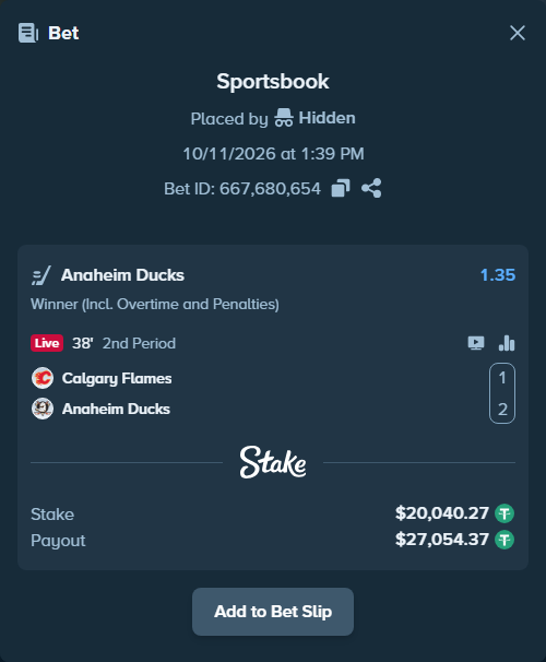 Bet slip: Calgary Flames - Anaheim Ducks, $20,060.31 stake at 1.35 odds, placed by luckysevenfr