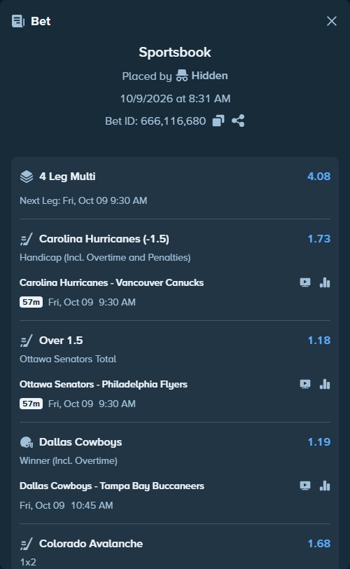 Bet slip: Calgary Flames - Colorado Avalanche, $25,000.00 stake at 1.68 odds, placed by Hidden