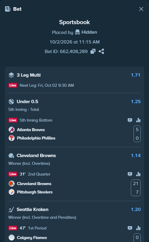 Bet slip: Calgary Flames - Seattle Kraken, $10,022.00 stake at 1.20 odds, placed by Chitico19