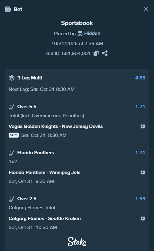 Bet slip: Calgary Flames - Seattle Kraken, $10,682.00 stake at 1.59 odds, placed by Hidden