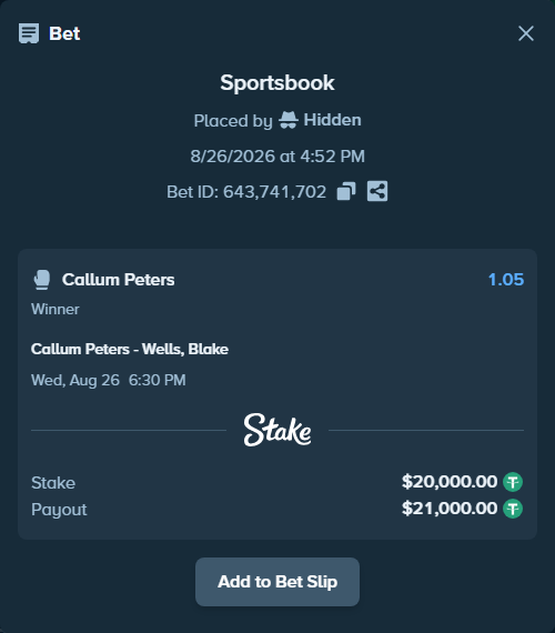 Bet slip: Callum Peters - Wells, Blake, $20,000.00 stake at 1.05 odds, placed by Hidden